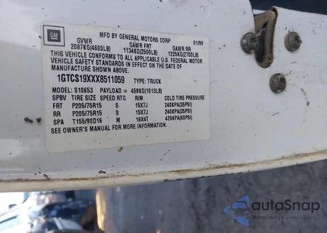 1999 GMC Sonoma Sls z USA, uszkodzony, nr VIN 1GTCS19XXX8511059